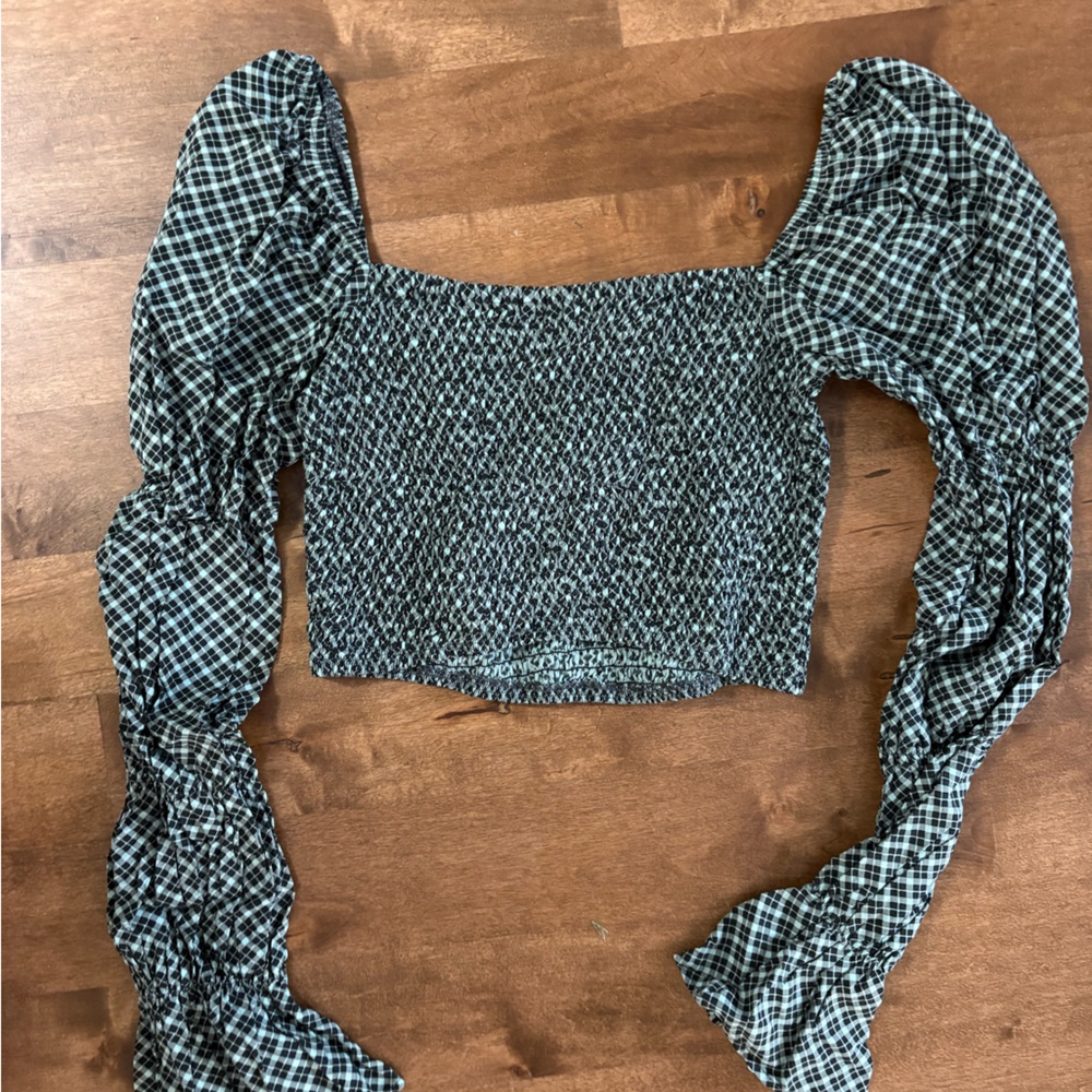 Green Plaid Smocked Crop Top